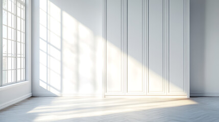 Fototapeta premium White wooden wardrobe with sliding doors in scandinavian style interior design of modern bedroom