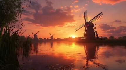 Windmills in kinderdijk at sunset, the netherlands
