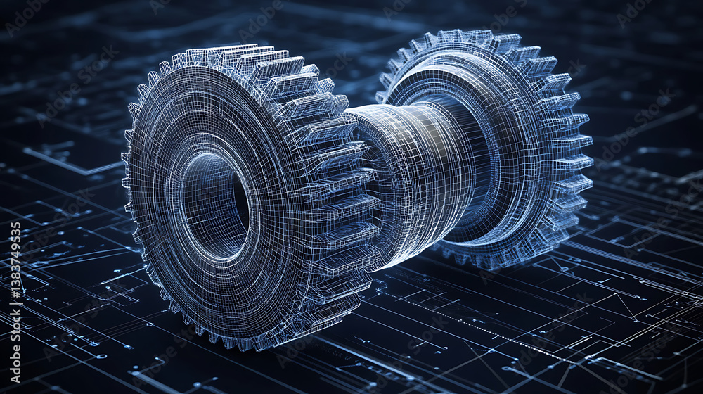 Poster wireframe abstract illustration with two gears on a dark blue background, mechanical technology mach