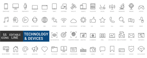 Set of technology and device web icons in editable thin line style. Computer, smartphone, tablet, laptop, and network symbols. Vector illustration.