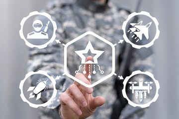 Soldier using virtual touch screen push icon of star with electronic circuit symbolizing concept:...