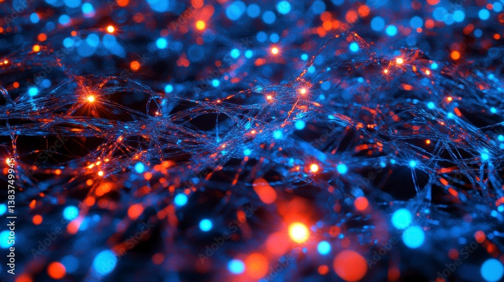 Poster Abstract background with glowing red and blue lights forming intricate network.