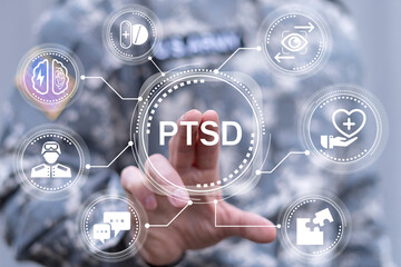 Soldier or veteran using virtual touch screen push abbreviation: PTSD. PTSD or Post-Traumatic Stress Disorder Postwar Military Concept.