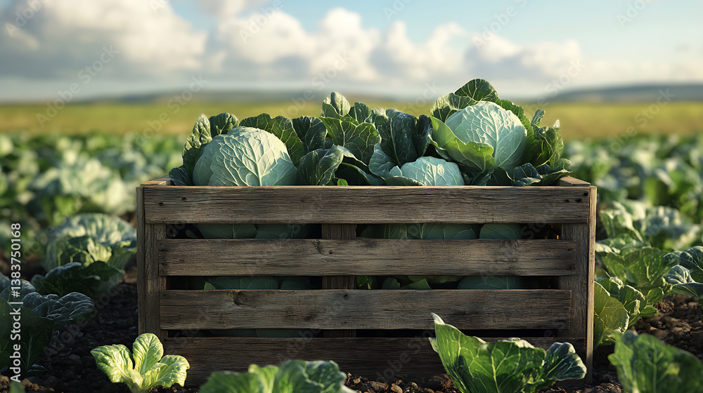 Poster wooden crate with cabbage in the field