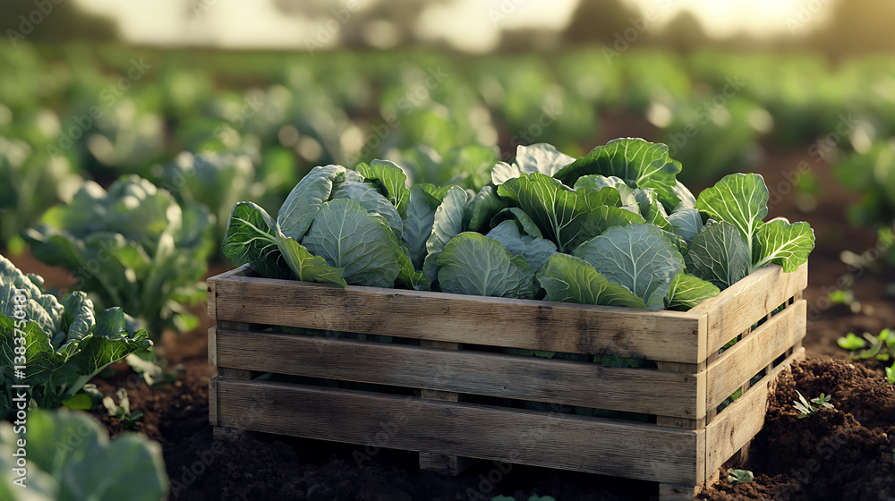 Poster wooden crate with cabbage in the field