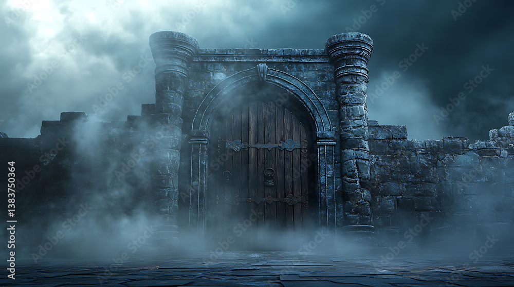 Aufkleber wooden gate in dim clouds in an empty room, portal to another world, magical realism, parallel world