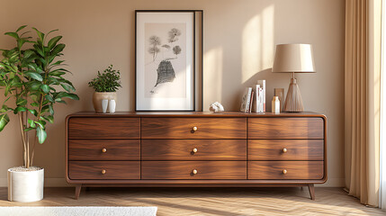 Wooden dresser with round corners and art poster on beige stucco wall, scandinavian home interior design of modern living room