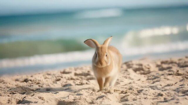 Furry brown rabbit bounding across sandy beach, playing energetically near rolling ocean waves under bright sunlight
