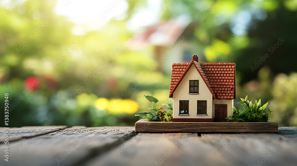 Poster wooden table top with blurred garden and house background for product display presentation