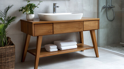 Wooden washstand with white ceramic vessel sink, interior design of modern bathroom