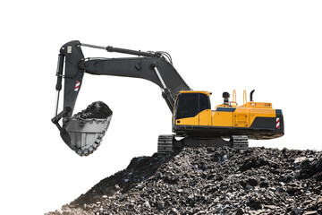 Large quarry dump truck. Loading the rock in dumper. Loading coal into body truck. Production useful minerals. Mining truck mining machinery, to transport coal from open-pit excavator work