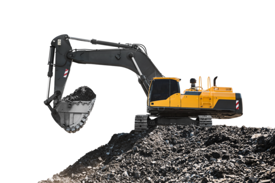 Large quarry dump truck. Loading the rock in dumper. Loading coal into body truck. Production useful minerals. Mining truck mining machinery, to transport coal from open-pit excavator work