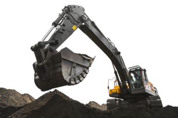 Yellow big excavator in the coal mine, loads the breed, with the bright sun and nice blue sky in the background. Mining truck mining machinery. Technique in coal mine