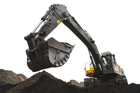 Yellow big excavator in the coal mine, loads the breed, with the bright sun and nice blue sky in the background. Mining truck mining machinery. Technique in coal mine