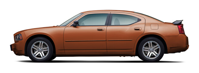 Side view of a powerful brown American sedan, in PNG format on a clear background.