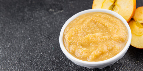 Apple puree natural ingredient tasty fresh gourmet food background table rustic food top view copy...