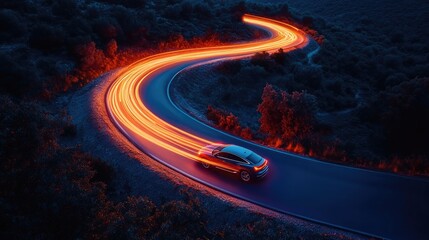 A car speeding down a winding road at nighttime creating light trails