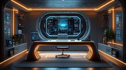 Fototapeta premium A futuristic AI-powered home workspace with interactive holographic projectors, voice-controlled smart desk, floating digital assistants, ultra-modern minimalistic decor, high-end materials