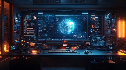 Obraz premium A futuristic AI-powered home workspace with interactive holographic projectors, voice-controlled smart desk, floating digital assistants, ultra-modern minimalistic decor, high-end materials