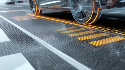 Road with wireless charging for electric cars. Close-up of road surface with seamless wireless charging technology, electric vehicle passing overhead, energy transfer visualization	
