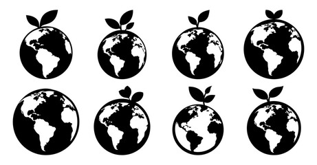 Eight black and white illustrations of the Earth with sprouting plants on top, symbolizing environmental growth and sustainability