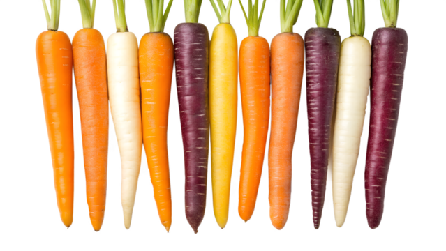 Row of heirloom carrots in orange, purple, yellow, and white colors with green tops
