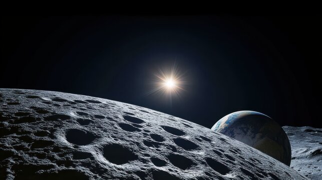 Earth rising above lunar horizon with the sun shining brightly
