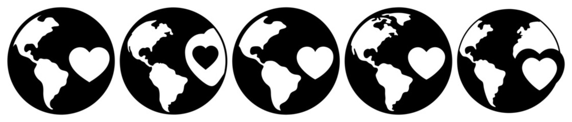 Five stylized globes with hearts, symbolizing global love, unity, and international compassion or global charity