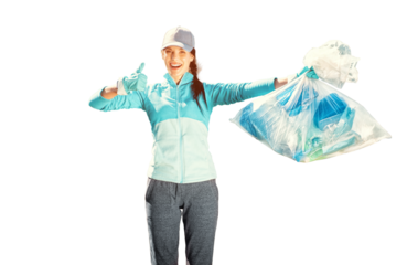 Happy girl holding package for garbage. Young woman volunteer, participates in an environmental campaign and removes plastic garbage in the park. Concept ESG and SDGs
