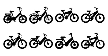 Collection of eight different black silhouette ebike designs, showing various frame styles and wheel sizes for electric bicycles