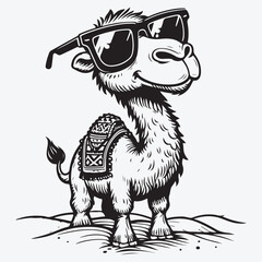 A Cartoon Camel with sun glasses is standing on the sand stock illustration
