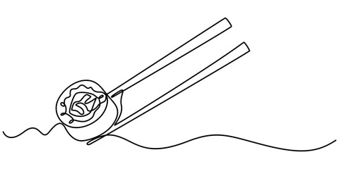 Continuous Line Drawing of Sushi Icon. Hand Drawn Symbol Vector Illustration, One line  Drawing or illustration of chopsticks holding a piece of sushi, minimalist and white background.