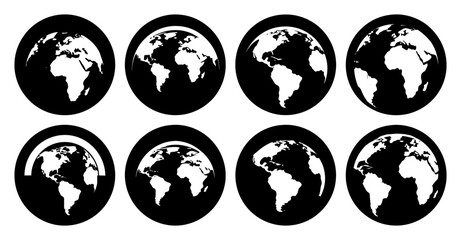 Eight stylized black and white globe icons showing different views of the Earth