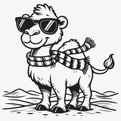 A Cartoon Camel with sun glasses is standing on the sand stock illustration