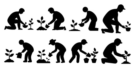 Eight Silhouettes of People Planting and Watering Saplings and Young Plants