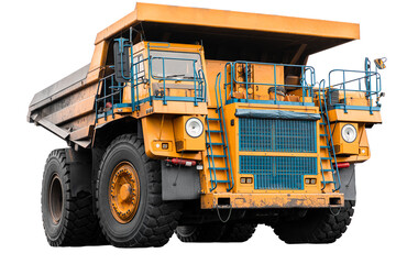 Large quarry dump truck. Big yellow mining truck at work site. Loading coal into body truck. Production useful minerals. Mining truck mining machinery to transport coal from open-pit production