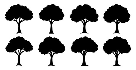 Collection of eight different silhouette tree illustrations perfect for various design projects needing simple tree graphics