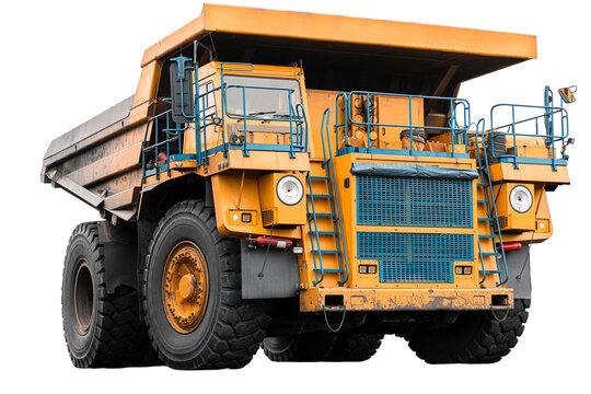 Large quarry dump truck. Big yellow mining truck at work site. Loading coal into body truck. Production useful minerals. Mining truck mining machinery to transport coal from open-pit production