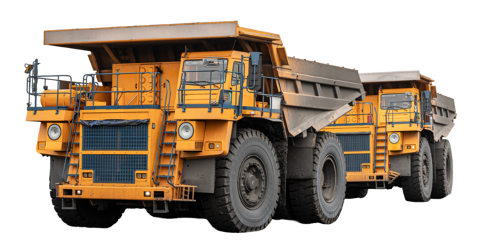 Large quarry dump truck. Big yellow mining truck at work site. Loading coal into body truck. Production useful minerals. Mining truck mining machinery to transport coal from open-pit production