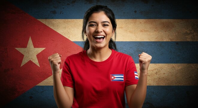 Cheerful woman celebrating success with cuban flag backdrop, national pride