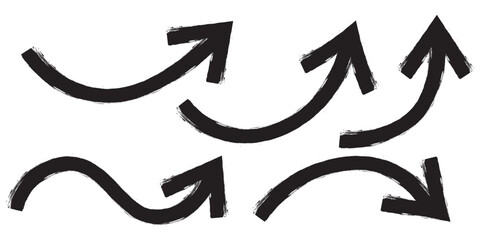Various bold brush drawn curved arrows. Collection doodle marker thick arrows in different directions. Hand drawn vector direction pointers. Curved and wavy brush strokes with scratches. Hand drawn 