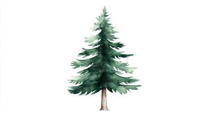 Watercolor painting of a single evergreen tree on white background.