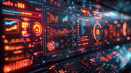 A futuristic augmented reality interface floating in mid-air, displaying holographic data, charts, and interactive elements in a sleek high-tech office with neon lighting and a cyberpunk aesthetic