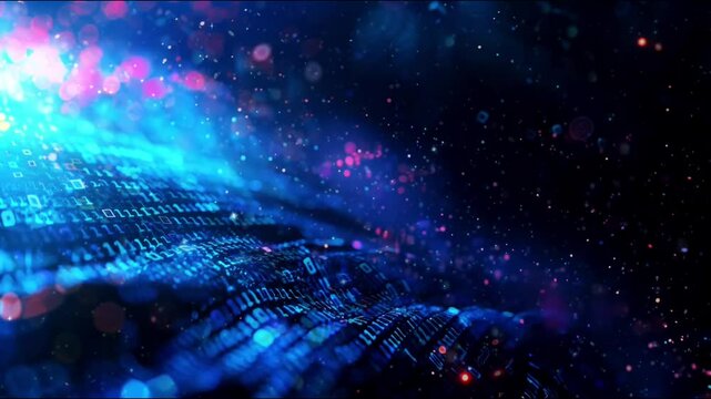 Abstract digital design with a vibrant arrangement of glowing blue and red dots and lines on a dark background. The composition evokes a sense of technological connectivity