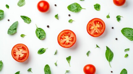 Tomato Basil Pattern on White Fresh Food Background Food Flatlay