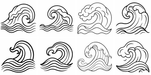 Fototapeta premium Waves Outline Coloring Book Page Line Art Drawing Set