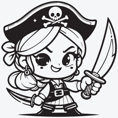 A Cartoon pirate with a dagger, character for children, linear style stock illustration