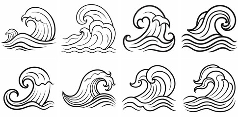 Fototapeta premium Waves Outline Coloring Book Page Line Art Drawing Set