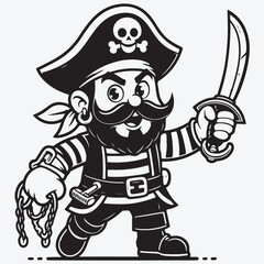 A Cartoon pirate with a dagger, character for children, linear style stock illustration
