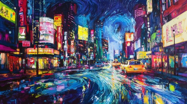 Vibrant nightlife action urban cityscape art illustration bustling streets aerial view urban imagination
